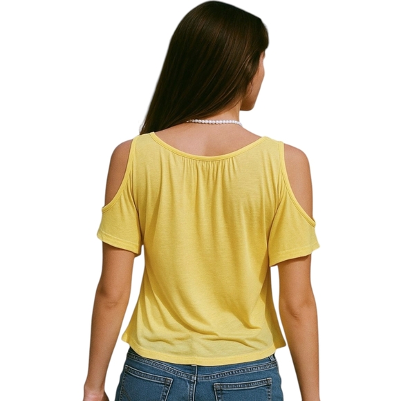 Wmns Butter Yellow Cold Shoulder Top Medium Boho Y2K Flowy Festival Summer - Picture 2 of 8